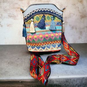 Bohemian Crossbody Bag With Tassels, Shoulder Bag For Women (Light Blue)